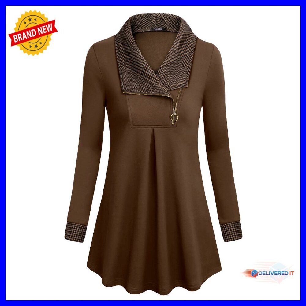 Long Sleeve Zipper Lapel Sweatshirt Tunic, Loose Fit A-Line Pullover